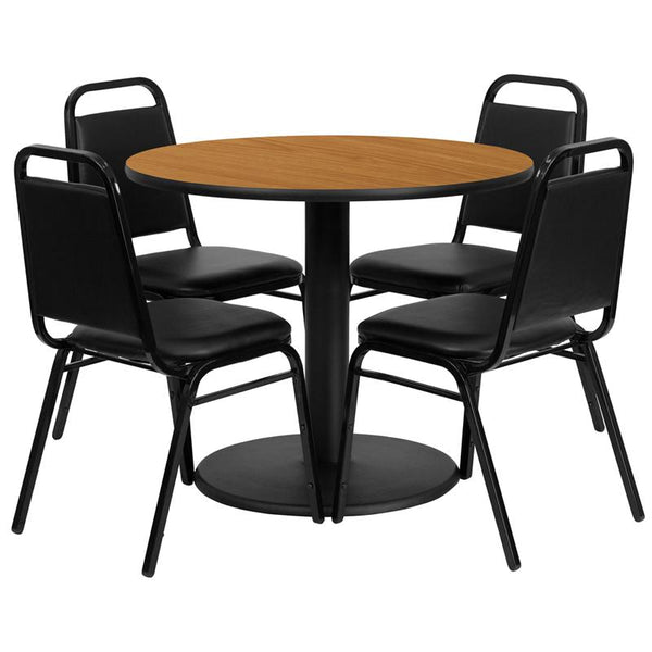 Flash Furniture 36'' Round Natural Laminate Table Set with Round Base and 4 Black Trapezoidal Back Banquet Chairs - RSRB1003-GG