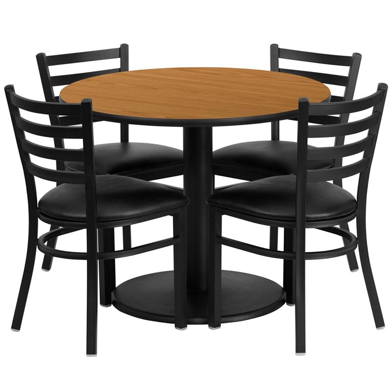 Flash Furniture 36'' Round Natural Laminate Table Set with Round Base and 4 Ladder Back Metal Chairs - Black Vinyl Seat - RSRB1031-GG