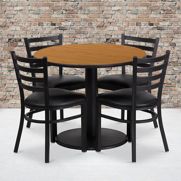 Flash Furniture 36'' Round Natural Laminate Table Set with Round Base and 4 Ladder Back Metal Chairs - Black Vinyl Seat - RSRB1031-GG