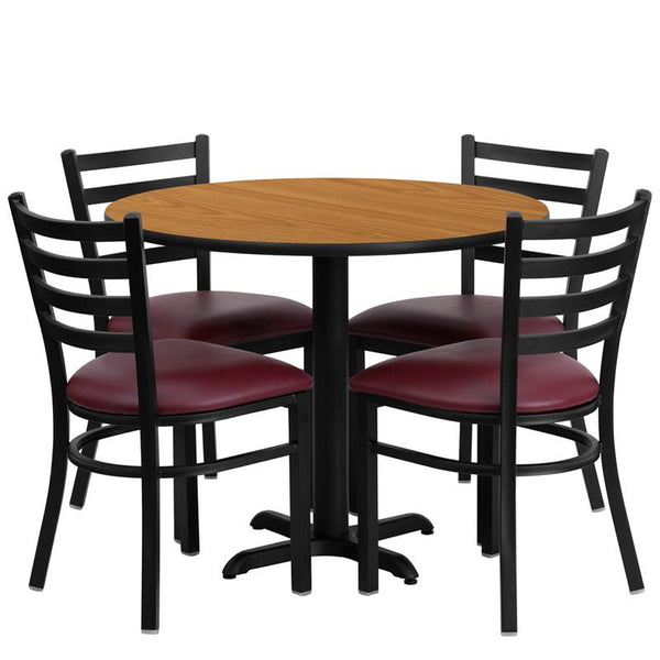 Flash Furniture 36'' Round Natural Laminate Table Set with X-Base and 4 Ladder Back Metal Chairs - Burgundy Vinyl Seat - HDBF1007-GG