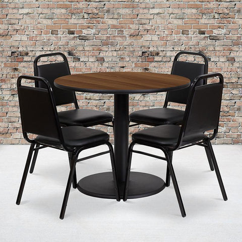 Flash Furniture 36'' Round Walnut Laminate Table Set with Round Base and 4 Black Trapezoidal Back Banquet Chairs - RSRB1004-GG