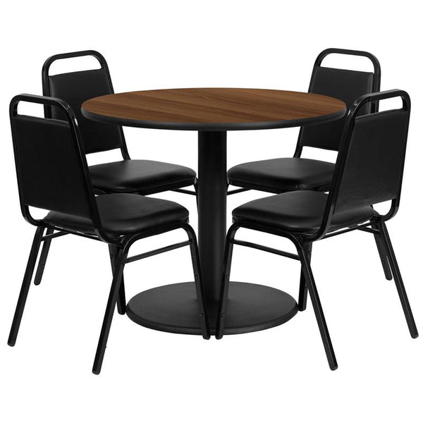 Flash Furniture 36'' Round Walnut Laminate Table Set with Round Base and 4 Black Trapezoidal Back Banquet Chairs - RSRB1004-GG