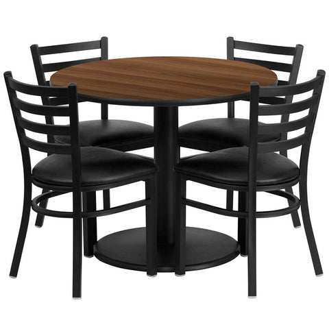 Flash Furniture 36'' Round Walnut Laminate Table Set with Round Base and 4 Ladder Back Metal Chairs - Black Vinyl Seat - RSRB1032-GG