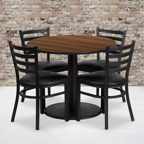 Flash Furniture 36'' Round Walnut Laminate Table Set with Round Base and 4 Ladder Back Metal Chairs - Black Vinyl Seat - RSRB1032-GG