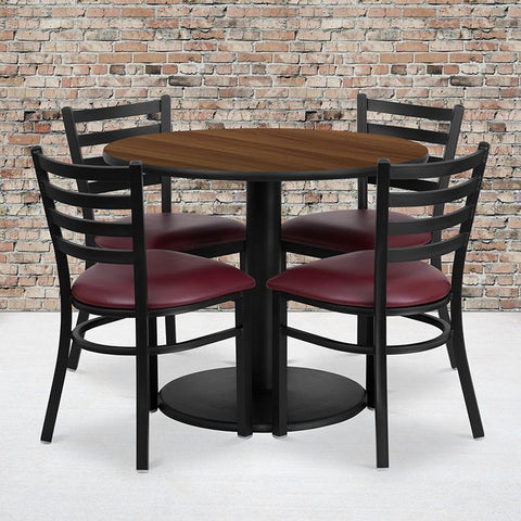 Flash Furniture 36'' Round Walnut Laminate Table Set with Round Base and 4 Ladder Back Metal Chairs - Burgundy Vinyl Seat - RSRB1008-GG