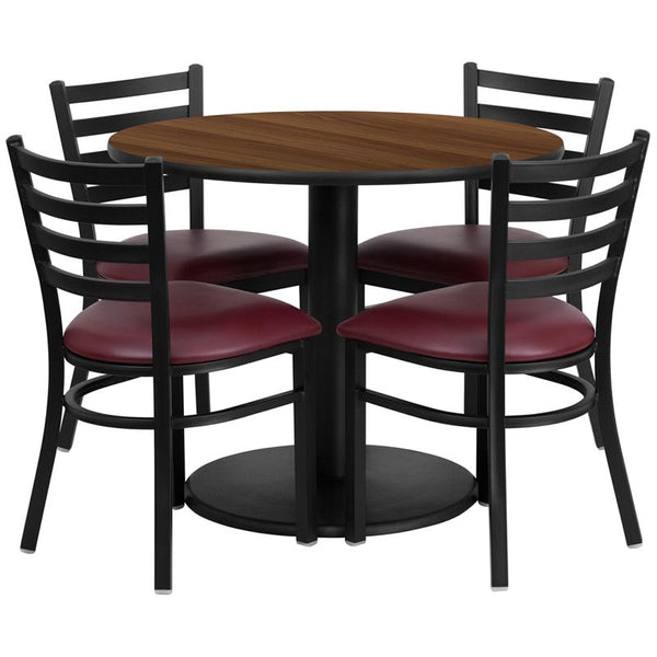 Flash Furniture 36'' Round Walnut Laminate Table Set with Round Base and 4 Ladder Back Metal Chairs - Burgundy Vinyl Seat - RSRB1008-GG