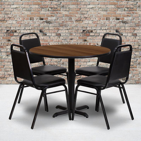 Flash Furniture 36'' Round Walnut Laminate Table Set with X-Base and 4 Black Trapezoidal Back Banquet Chairs - HDBF1004-GG