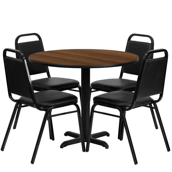 Flash Furniture 36'' Round Walnut Laminate Table Set with X-Base and 4 Black Trapezoidal Back Banquet Chairs - HDBF1004-GG