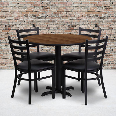 Flash Furniture 36'' Round Walnut Laminate Table Set with X-Base and 4 Ladder Back Metal Chairs - Black Vinyl Seat - HDBF1032-GG