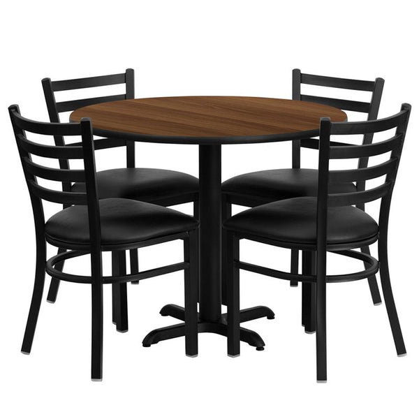 Flash Furniture 36'' Round Walnut Laminate Table Set with X-Base and 4 Ladder Back Metal Chairs - Black Vinyl Seat - HDBF1032-GG