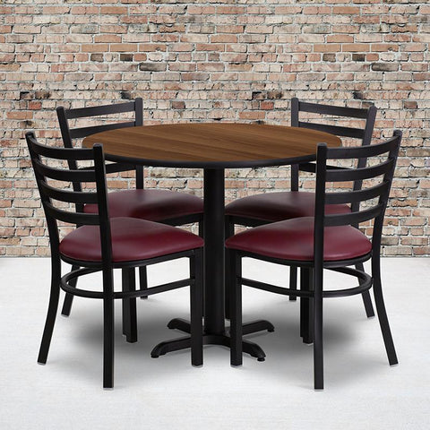 Flash Furniture 36'' Round Walnut Laminate Table Set with X-Base and 4 Ladder Back Metal Chairs - Burgundy Vinyl Seat - HDBF1008-GG