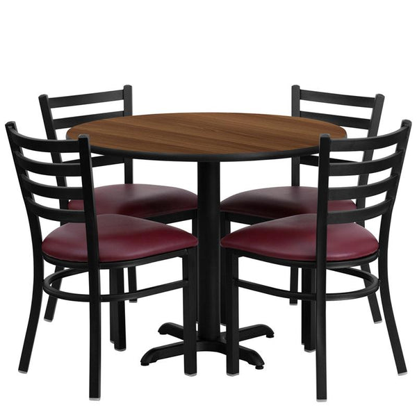 Flash Furniture 36'' Round Walnut Laminate Table Set with X-Base and 4 Ladder Back Metal Chairs - Burgundy Vinyl Seat - HDBF1008-GG