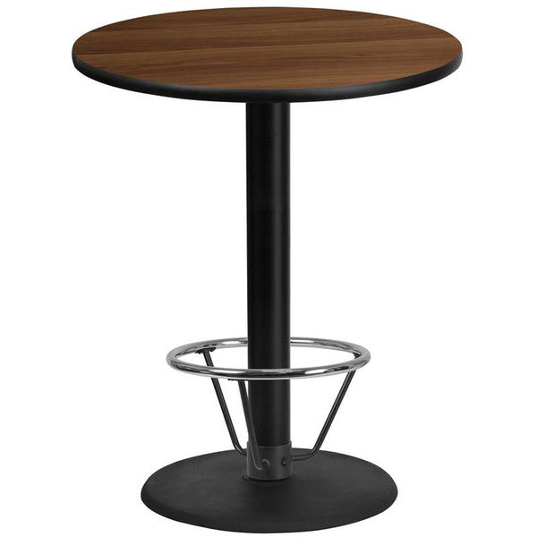 Flash Furniture 36'' Round Walnut Laminate Table Top with 24'' Round Bar Height Table Base and Foot Ring - XU-RD-36-WALTB-TR24B-4CFR-GG