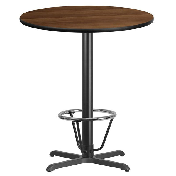 Flash Furniture 36'' Round Walnut Laminate Table Top with 30'' x 30'' Bar Height Table Base and Foot Ring - XU-RD-36-WALTB-T3030B-3CFR-GG