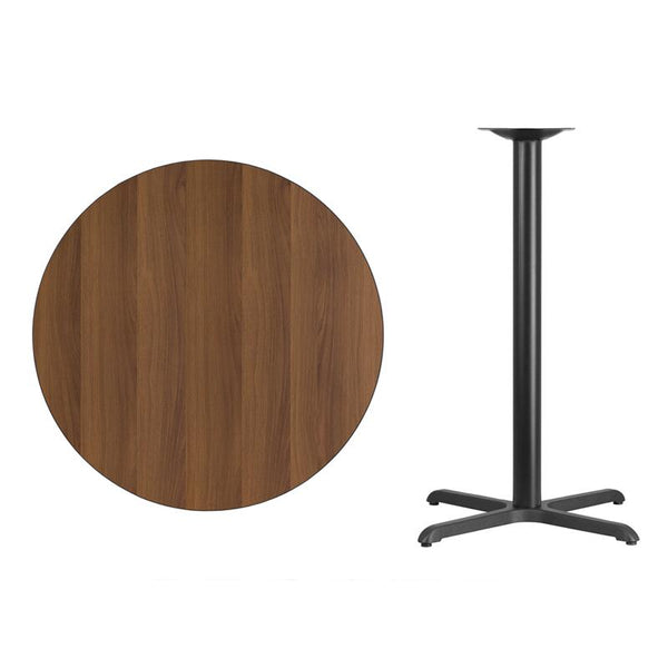 Flash Furniture 36'' Round Walnut Laminate Table Top with 30'' x 30'' Bar Height Table Base - XU-RD-36-WALTB-T3030B-GG