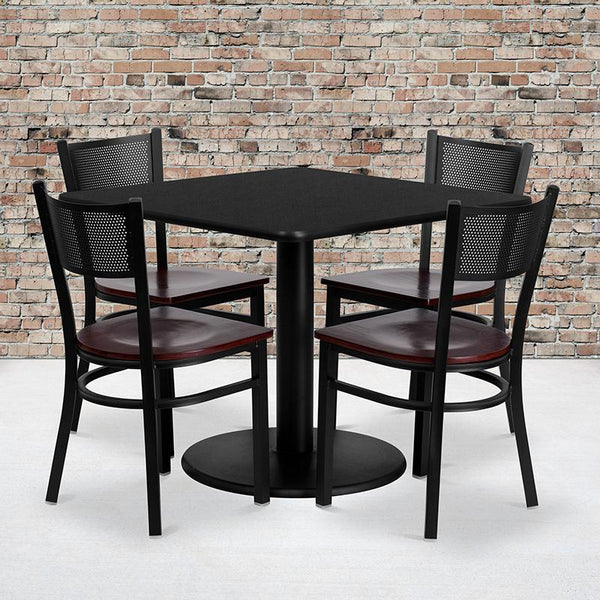 Flash Furniture 36'' Square Black Laminate Table Set with 4 Grid Back Metal Chairs - Mahogany Wood Seat - MD-0008-GG