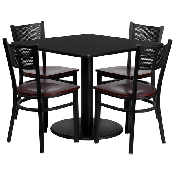 Flash Furniture 36'' Square Black Laminate Table Set with 4 Grid Back Metal Chairs - Mahogany Wood Seat - MD-0008-GG