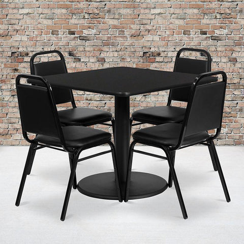 Flash Furniture 36'' Square Black Laminate Table Set with Round Base and 4 Black Trapezoidal Back Banquet Chairs - RSRB1009-GG