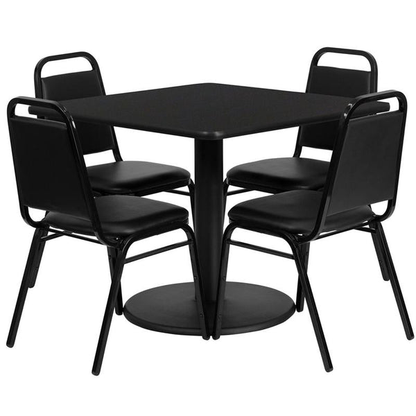 Flash Furniture 36'' Square Black Laminate Table Set with Round Base and 4 Black Trapezoidal Back Banquet Chairs - RSRB1009-GG