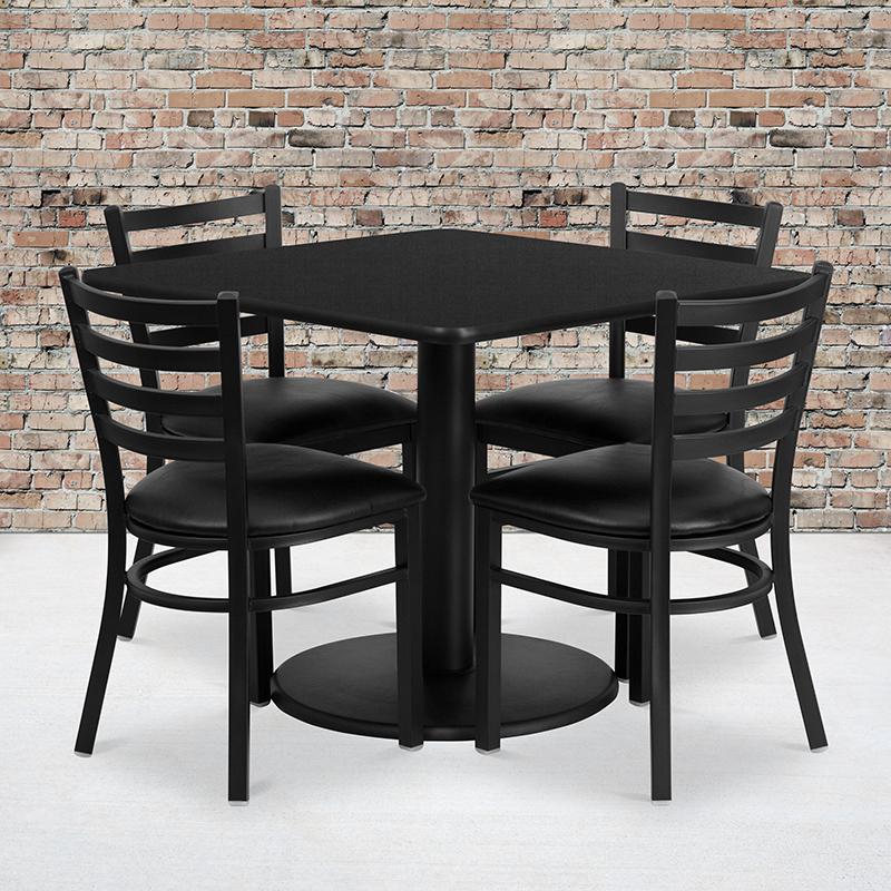 Flash Furniture 36'' Square Black Laminate Table Set with Round Base and 4 Ladder Back Metal Chairs - Black Vinyl Seat - RSRB1013-GG