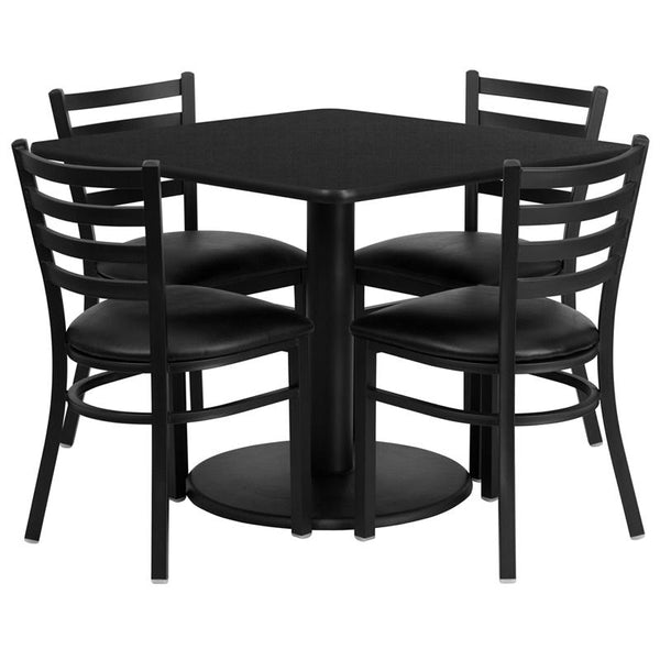 Flash Furniture 36'' Square Black Laminate Table Set with Round Base and 4 Ladder Back Metal Chairs - Black Vinyl Seat - RSRB1013-GG