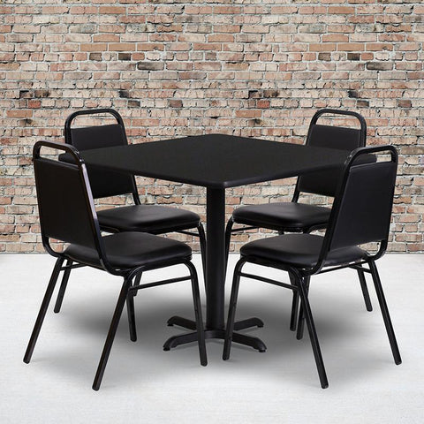 Flash Furniture 36'' Square Black Laminate Table Set with X-Base and 4 Black Trapezoidal Back Banquet Chairs - HDBF1009-GG