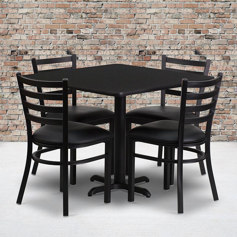 Flash Furniture 36'' Square Black Laminate Table Set with X-Base and 4 Ladder Back Metal Chairs - Black Vinyl Seat - HDBF1013-GG