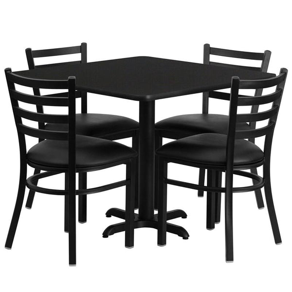 Flash Furniture 36'' Square Black Laminate Table Set with X-Base and 4 Ladder Back Metal Chairs - Black Vinyl Seat - HDBF1013-GG