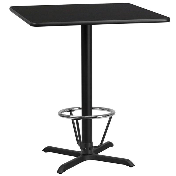 Flash Furniture 36'' Square Black Laminate Table Top with 30'' x 30'' Bar Height Table Base and Foot Ring - XU-BLKTB-3636-T3030B-3CFR-GG