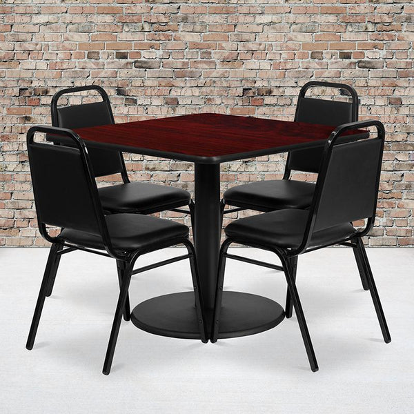 Flash Furniture 36'' Square Mahogany Laminate Table Set with Round Base and 4 Black Trapezoidal Back Banquet Chairs - RSRB1010-GG