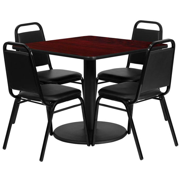 Flash Furniture 36'' Square Mahogany Laminate Table Set with Round Base and 4 Black Trapezoidal Back Banquet Chairs - RSRB1010-GG