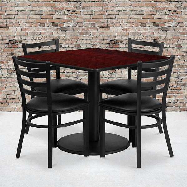 Flash Furniture 36'' Square Mahogany Laminate Table Set with Round Base and 4 Ladder Back Metal Chairs - Black Vinyl Seat - RSRB1014-GG