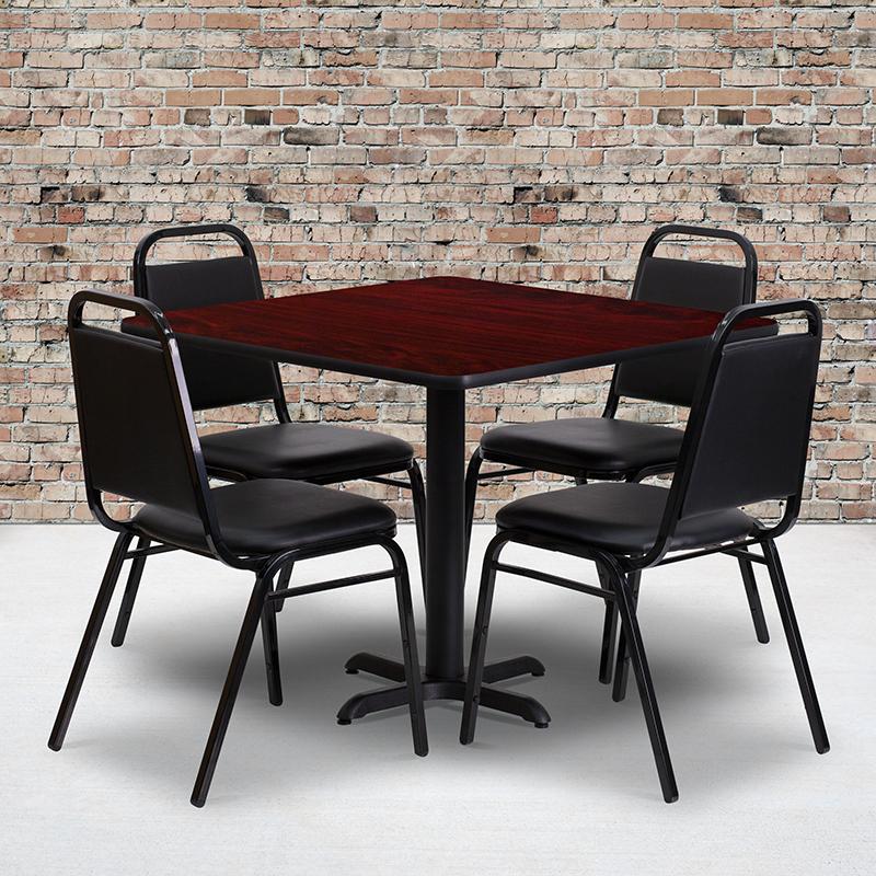 Flash Furniture 36'' Square Mahogany Laminate Table Set with X-Base and 4 Black Trapezoidal Back Banquet Chairs - HDBF1010-GG