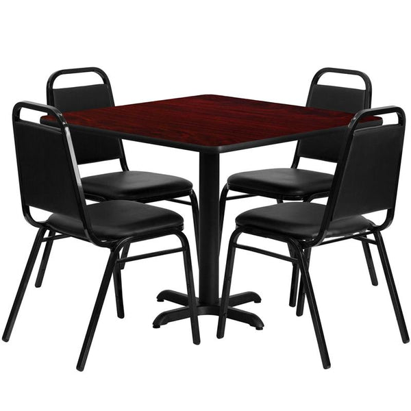 Flash Furniture 36'' Square Mahogany Laminate Table Set with X-Base and 4 Black Trapezoidal Back Banquet Chairs - HDBF1010-GG