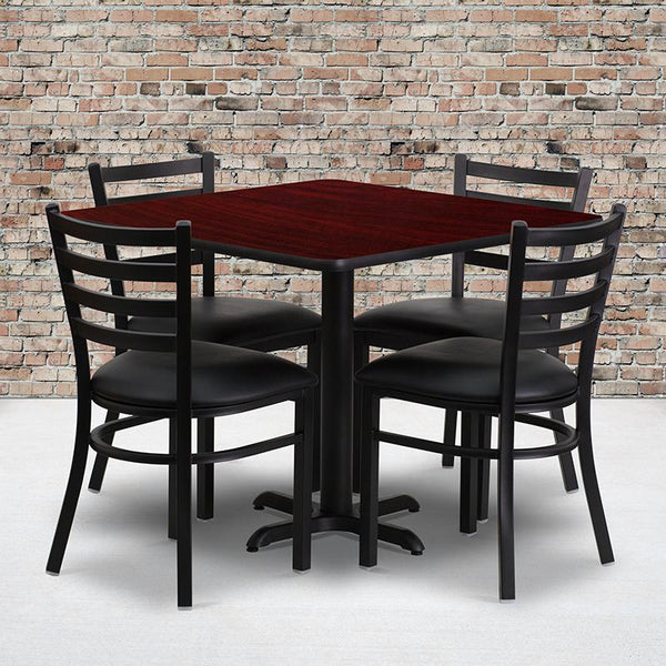 Flash Furniture 36'' Square Mahogany Laminate Table Set with X-Base and 4 Ladder Back Metal Chairs - Black Vinyl Seat - HDBF1014-GG