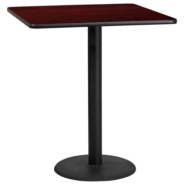 Flash Furniture 36'' Square Mahogany Laminate Table Top with 24'' Round Bar Height Table Base - XU-MAHTB-3636-TR24B-GG