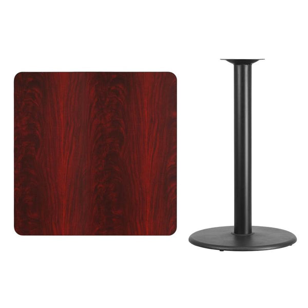 Flash Furniture 36'' Square Mahogany Laminate Table Top with 24'' Round Bar Height Table Base - XU-MAHTB-3636-TR24B-GG