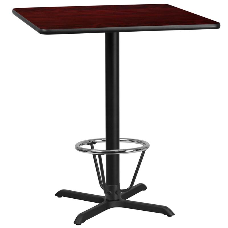 Flash Furniture 36'' Square Mahogany Laminate Table Top with 30'' x 30'' Bar Height Table Base and Foot Ring - XU-MAHTB-3636-T3030B-3CFR-GG