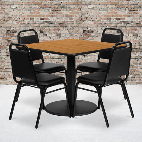 Flash Furniture 36'' Square Natural Laminate Table Set with Round Base and 4 Black Trapezoidal Back Banquet Chairs - RSRB1011-GG