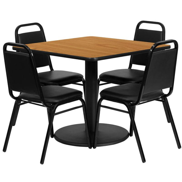Flash Furniture 36'' Square Natural Laminate Table Set with Round Base and 4 Black Trapezoidal Back Banquet Chairs - RSRB1011-GG