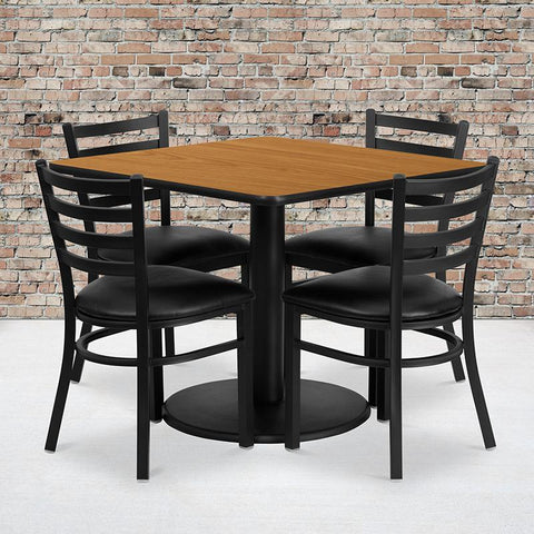 Flash Furniture 36'' Square Natural Laminate Table Set with Round Base and 4 Ladder Back Metal Chairs - Black Vinyl Seat - RSRB1015-GG