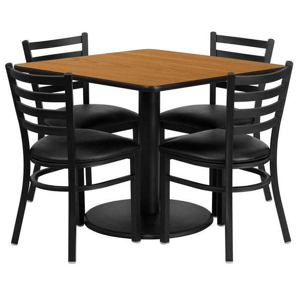 Flash Furniture 36'' Square Natural Laminate Table Set with Round Base and 4 Ladder Back Metal Chairs - Black Vinyl Seat - RSRB1015-GG