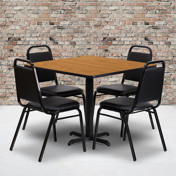 Flash Furniture 36'' Square Natural Laminate Table Set with X-Base and 4 Black Trapezoidal Back Banquet Chairs - HDBF1011-GG