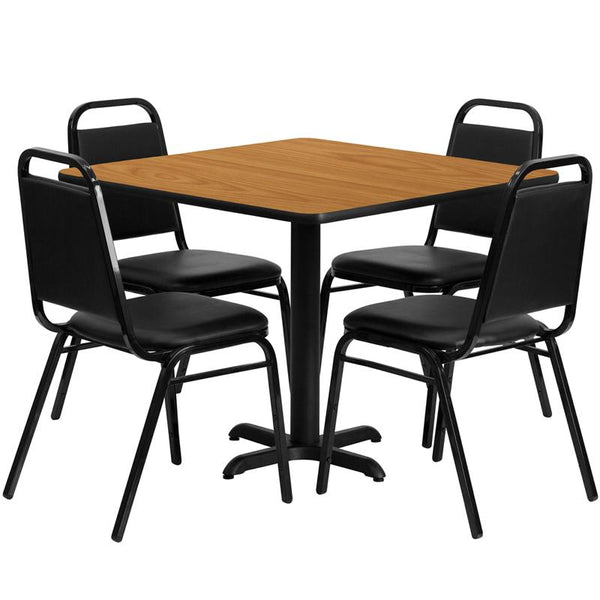 Flash Furniture 36'' Square Natural Laminate Table Set with X-Base and 4 Black Trapezoidal Back Banquet Chairs - HDBF1011-GG