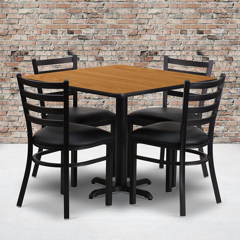 Flash Furniture 36'' Square Natural Laminate Table Set with X-Base and 4 Ladder Back Metal Chairs - Black Vinyl Seat - HDBF1015-GG