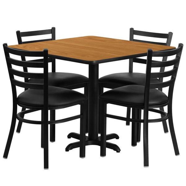 Flash Furniture 36'' Square Natural Laminate Table Set with X-Base and 4 Ladder Back Metal Chairs - Black Vinyl Seat - HDBF1015-GG