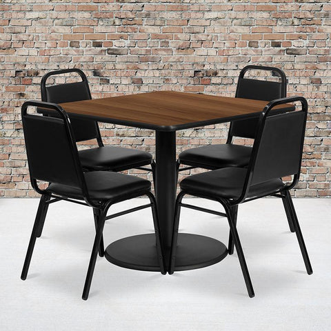 Flash Furniture 36'' Square Walnut Laminate Table Set with Round Base and 4 Black Trapezoidal Back Banquet Chairs - RSRB1012-GG