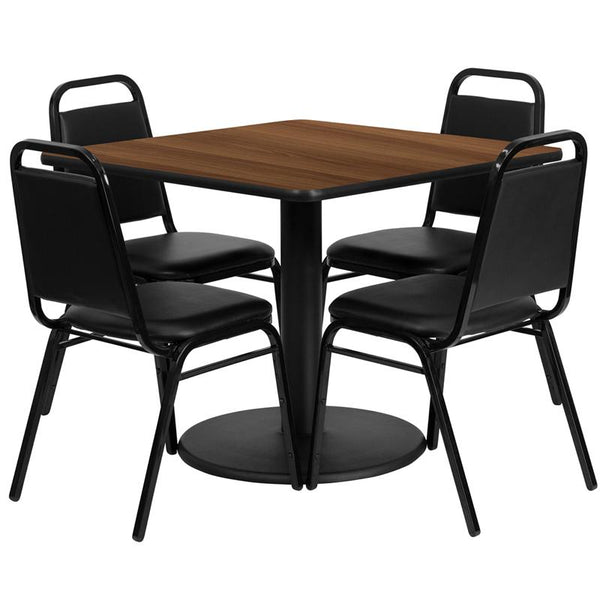 Flash Furniture 36'' Square Walnut Laminate Table Set with Round Base and 4 Black Trapezoidal Back Banquet Chairs - RSRB1012-GG