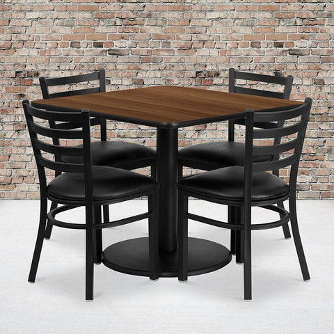 Flash Furniture 36'' Square Walnut Laminate Table Set with Round Base and 4 Ladder Back Metal Chairs - Black Vinyl Seat - RSRB1016-GG