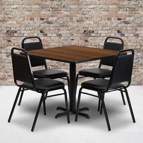 Flash Furniture 36'' Square Walnut Laminate Table Set with X-Base and 4 Black Trapezoidal Back Banquet Chairs - HDBF1012-GG